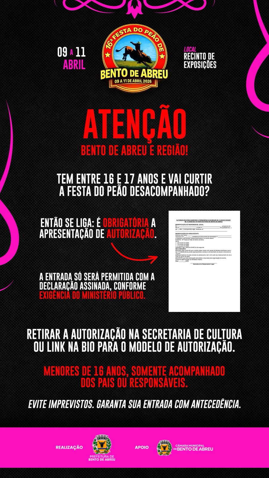 OBRIGATORIO TERMO DE AUTORIZAÇÃO A MENORES DE 16 ANOS - Prefeitura Municipal de Bento de Abreu-SP